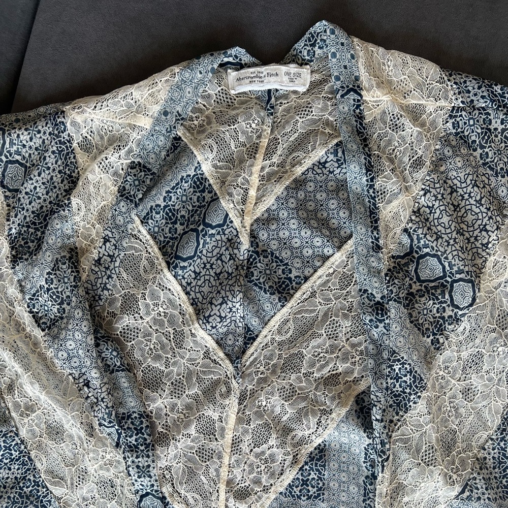 Abercrombie and Fitch festival cardigan poncho swim cover-up geometric blue lace - Picture 2 of 5